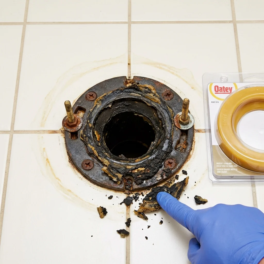 Failed wax ring showing water seepage at the base of a toilet in a Pembroke, NC home