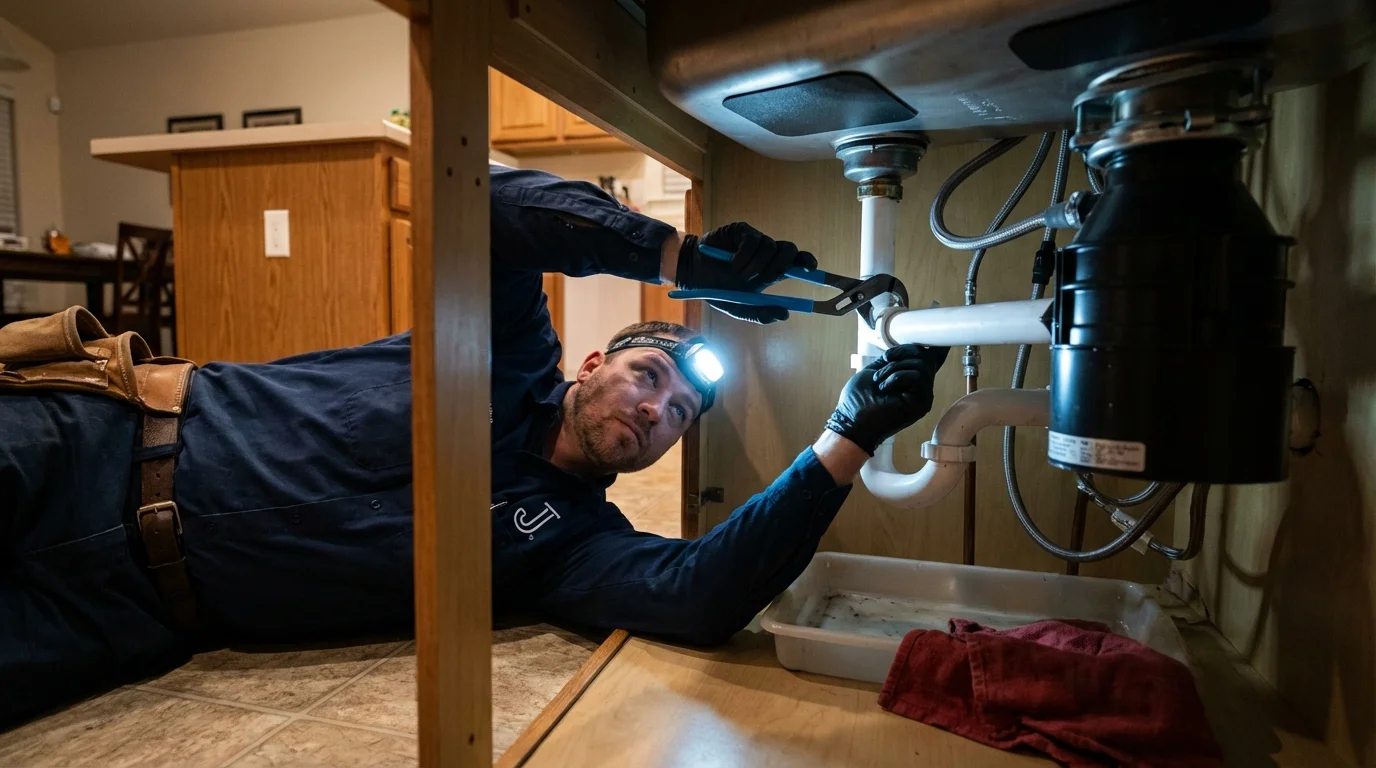 P-trap and supply line connections under a kitchen sink showing a common leak point in Pembroke, NC